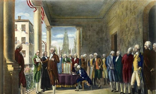Ceremonia de învestire lui George Washington, primul președinte al SUA. Pictură de Ramon de Elorriaga ( © Wikimedia Commons)