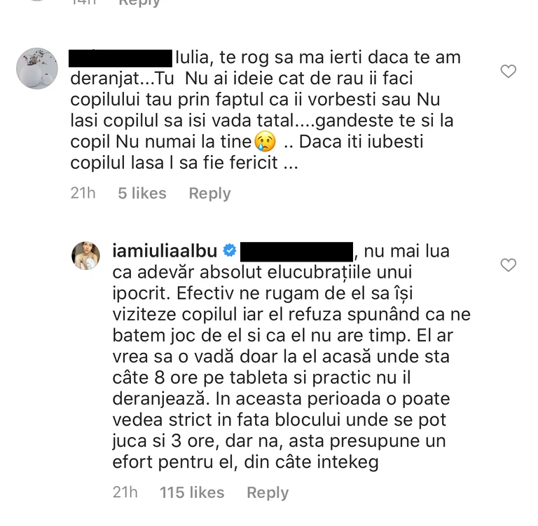 Reacția Iuliei Albu, la comentariul primit pe Instagram