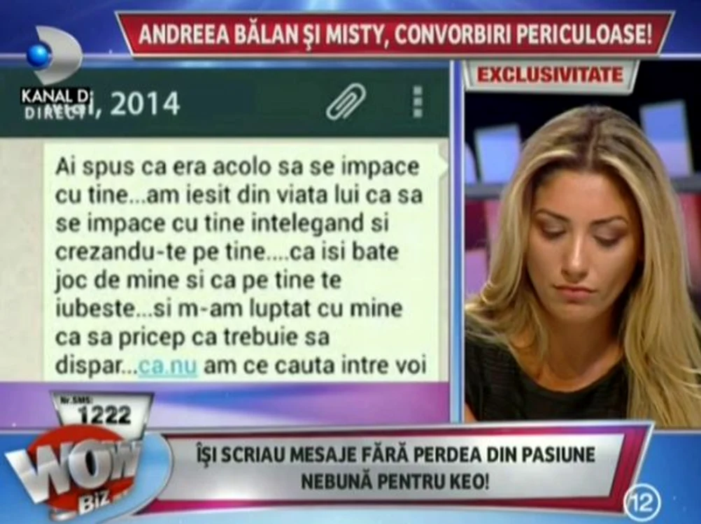 Mesajele dintre cele două sunt din mai, la o lună după despărtirea oficială dintre Andreea şi Keo