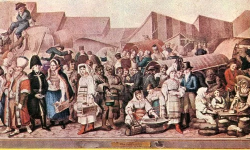 Iarmaroc la Sibiu la 1788. Frafment dintr-o pictură de Franz Neuhauser (© iMAGO Romaniae)