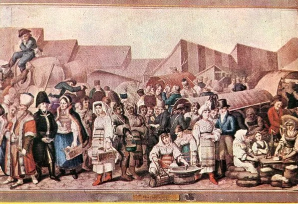 Iarmaroc la Sibiu la 1788. Frafment dintr-o pictură de Franz Neuhauser (© iMAGO Romaniae)