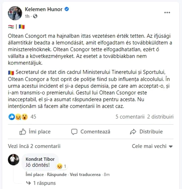 
    Kelemen Hunor a acceptat demisia lui Oltean Csongor și a înaintat-o premierului CîțuSursa foto: Facebook  