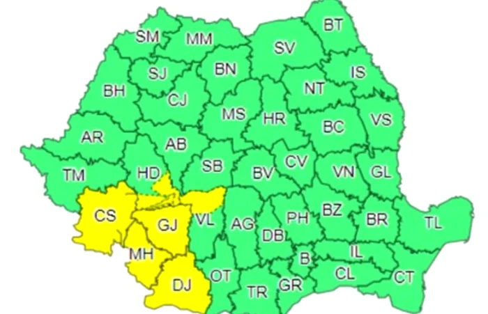 Zonele vizate de Codul Galben / foto: ANM