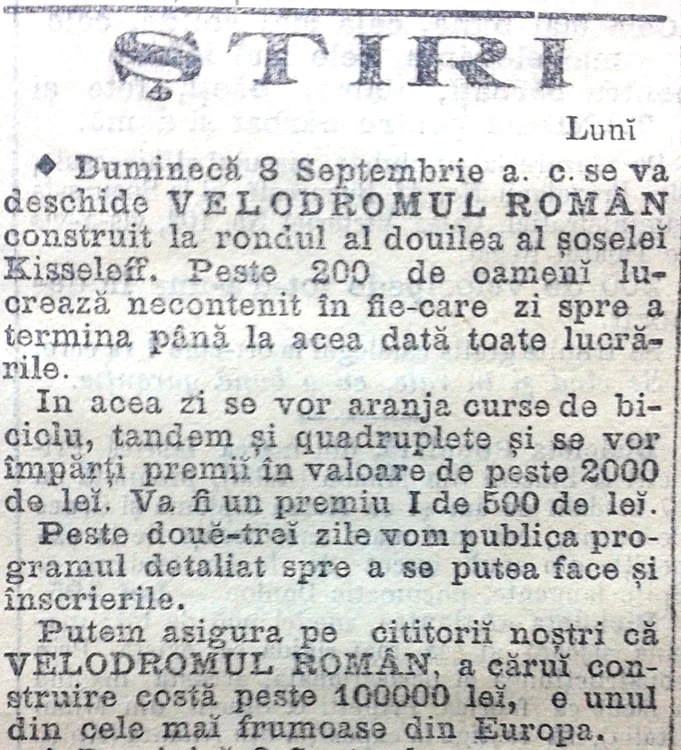 Anunț privind inaugurarea Velodromului Român, publicat în „Universul” la 30 august 1896