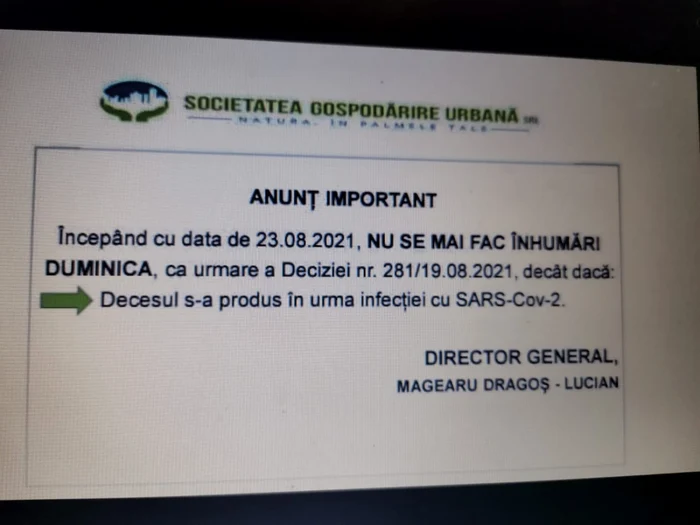 Anunţul societăţii Gospodărire Urbană, sursa: Facebook