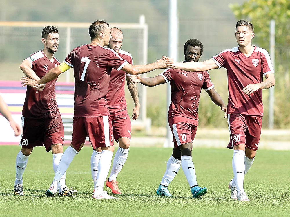 
    Mihai Costea  e felicitat de noii  săi coechipieri  după golul marcat  