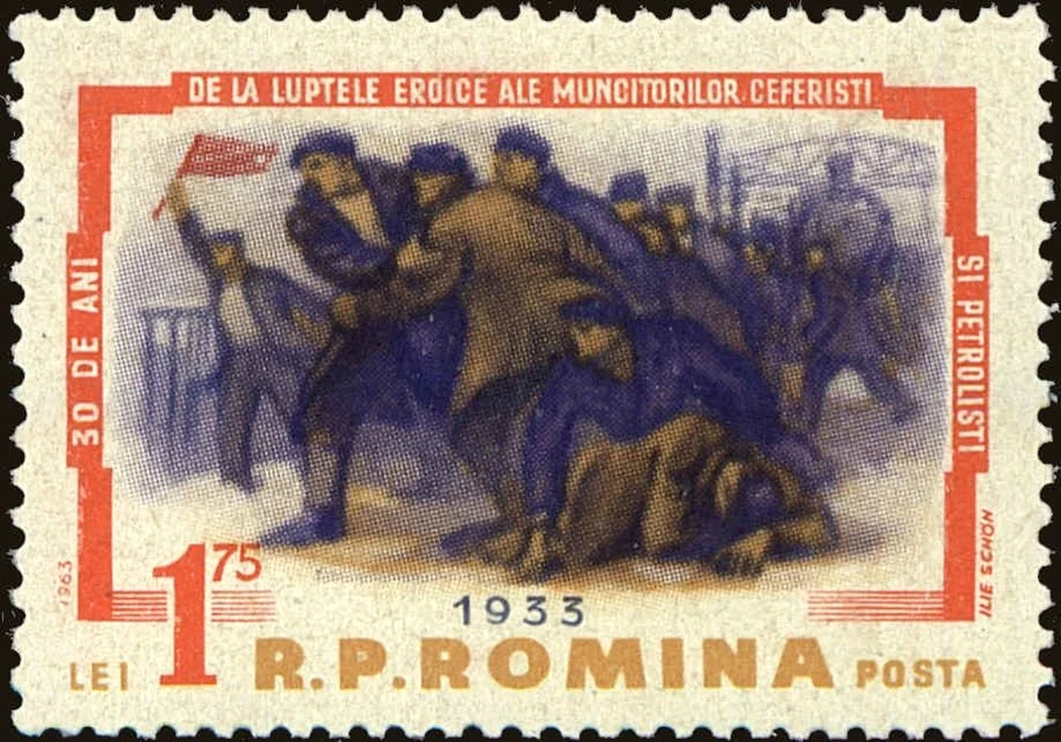 30 de ani de la greva de la Atelierele Grivița. Timbru din 1963 (© Wikimedia Commons)