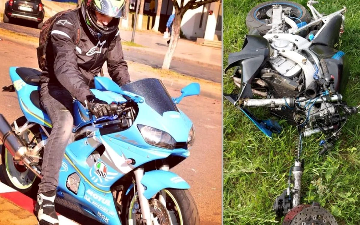 Motociclistul decedat într-un accident rutier la ieşire din Hunedoara (pagina sa de Facebook) şi motocicleta zdrobită în accident. Foto: IPJ Hunedoara.