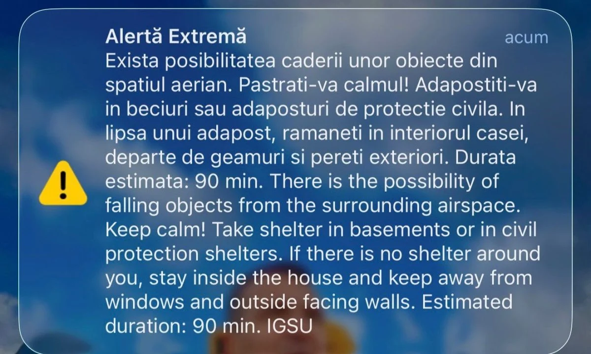 RO‑Alert pentru locuitorii din Tulcea: autoritățile avertizează cu privire la obiecte căzute din spațiul aerian