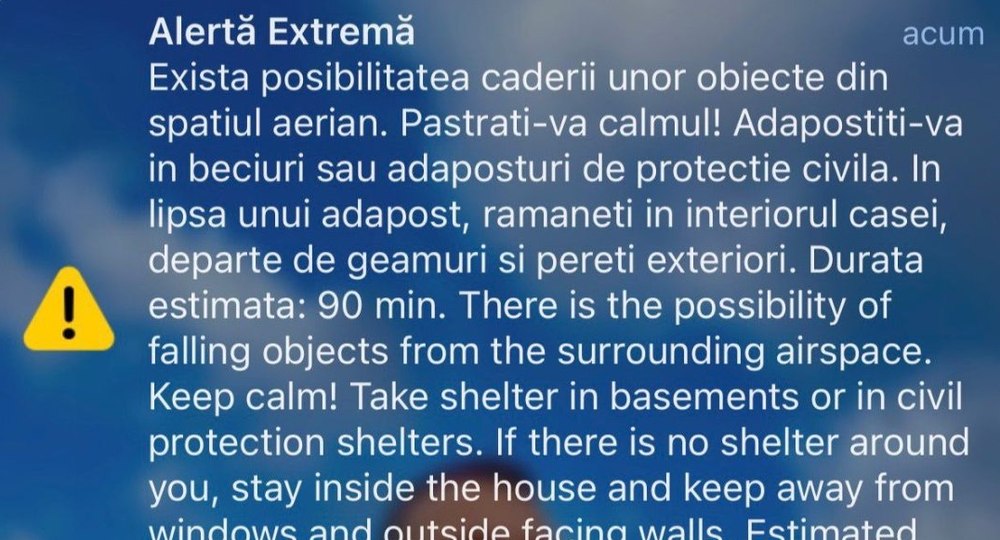 RO‑Alert pentru locuitorii din Tulcea: autoritățile avertizează cu privire la obiecte căzute din spațiul aerian