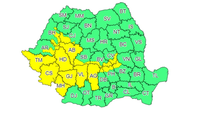 Codul galben vizează 17 județe din țară / FOTO: ANM