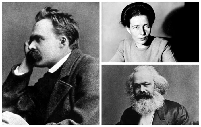 De la stânga la dreapta: Friedrich Nietzsche, Simone de Beauvoir şi Karl Marx