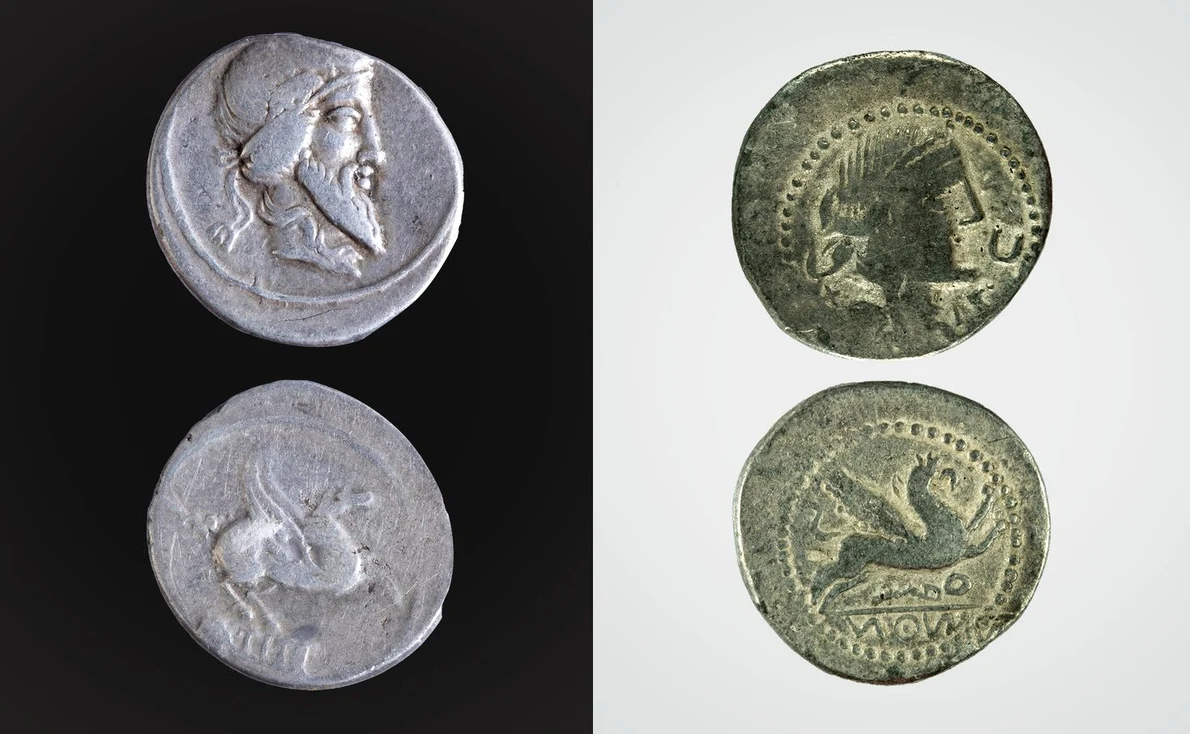 Denar republican roman și o imitație dacică (© Muzeul Național de Istorie a României)