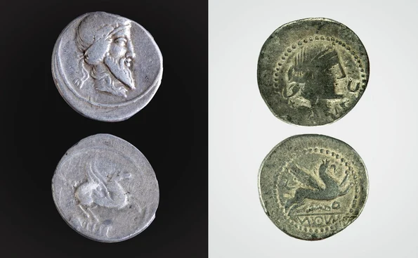 Denar republican roman și o imitație dacică (© Muzeul Național de Istorie a României)