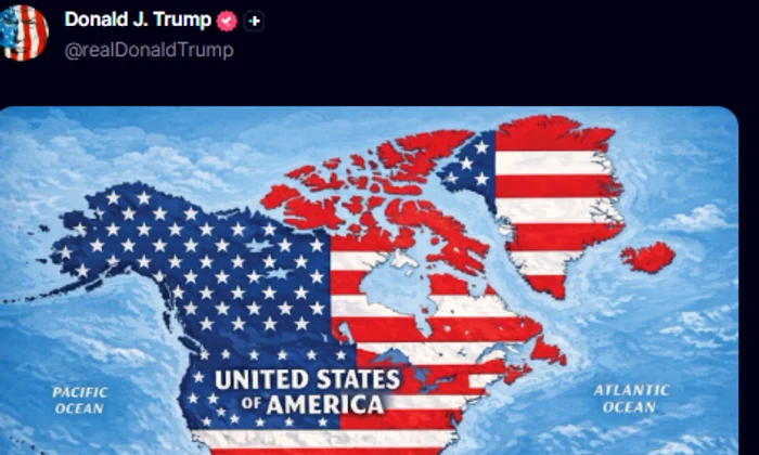 Trump a publicat o hartă în care steagul SUA acoperă Canada, Groenlanda și Mexicul