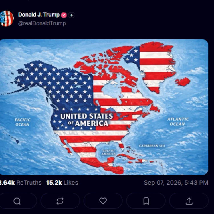 Trump a publicat o hartă în care steagul SUA acoperă Canada, Groenlanda și Mexicul