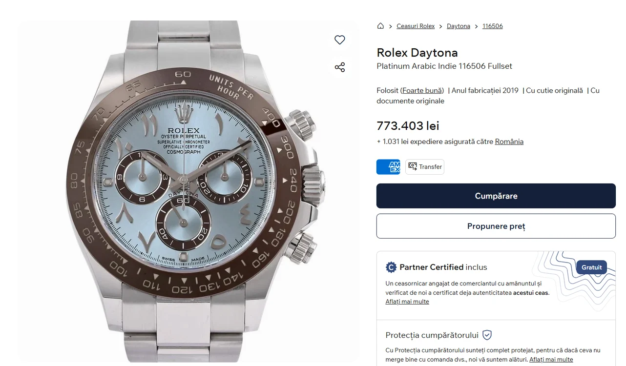 Ceas Rolex Daytona, scos la vânzare pentru 773.403 lei