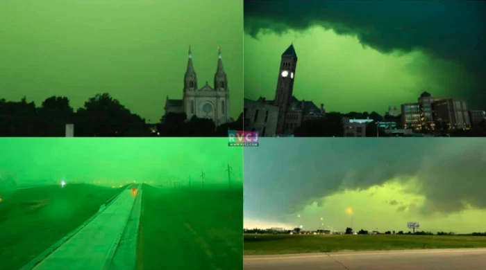 Sute de persoane au postat pe reţelele sociale imagini cu cerul într-o nuanţă de verde neon Foto: Twitter