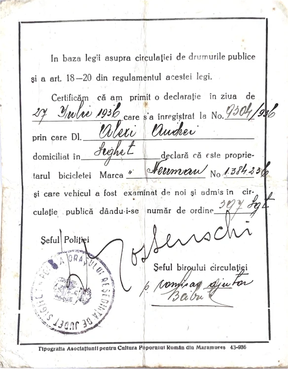 Permis de circulație, 1936 (© Colecția Muzeului Maramureșan, Fond Alexy Andrei)