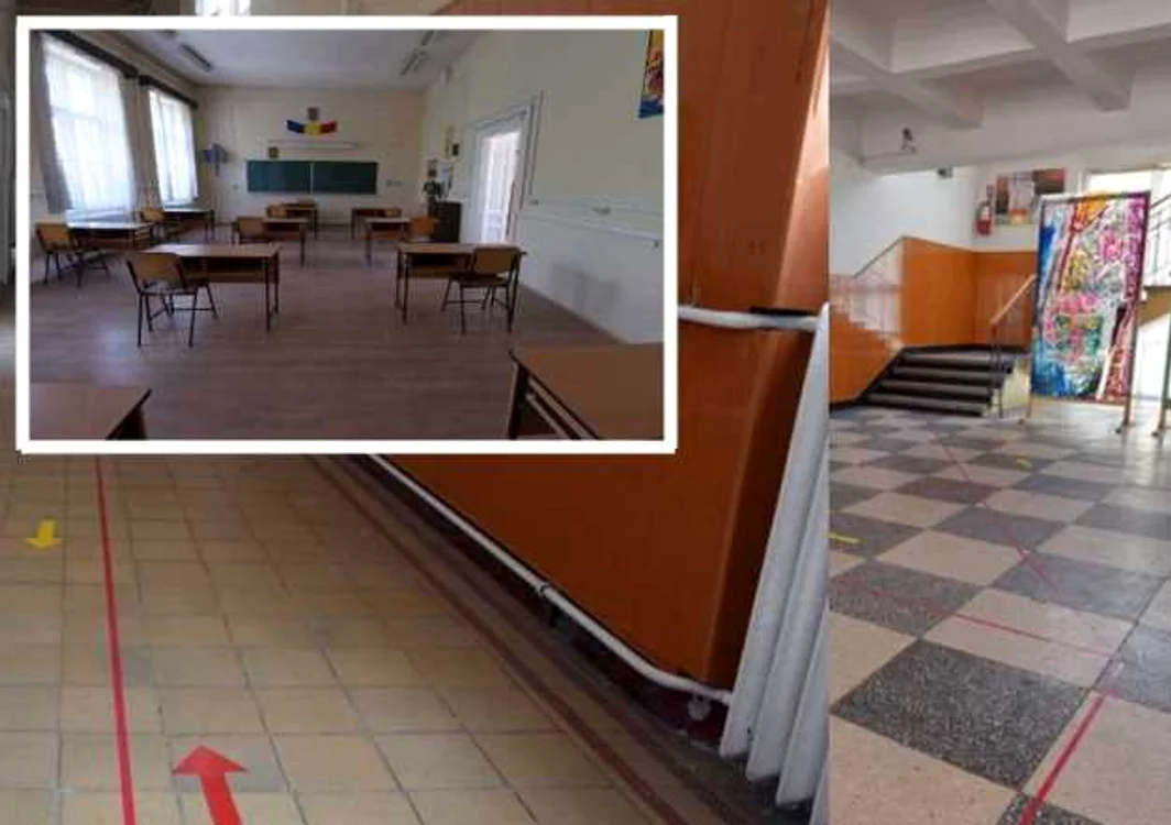 La intrarea în şcoli, copiii au trasee marcate cu culoarea galbenă pentru intrare şi roşie pentru ieşire. FOTO: ebihoreanul.ro