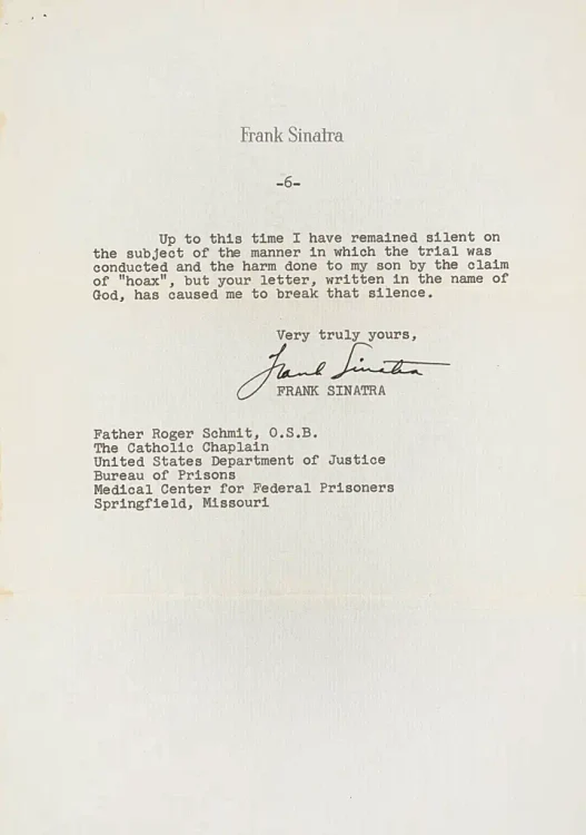 Ultima pagină a scrisorii semnată de Frank Sinatra / Sursa foto: NYP