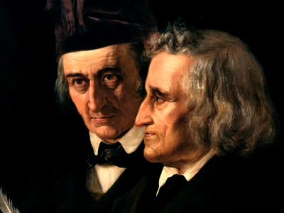 Frații Jacob și Wilhelm Grimm, pictură de Elisabeth Jerichau-Baumann, din 1855, aflată la Staatliche Museen zu Berlin (© Wikimedia Commons)
