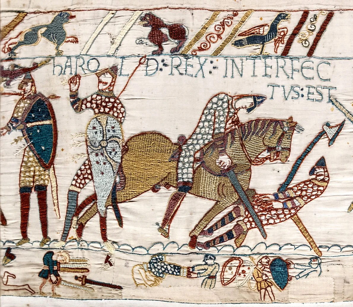 Tapiseria de la Bayeux, scena nr. 57. Moartea regelui Harold (© Myrabella / Wikimedia Commons)