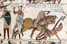 Tapiseria de la Bayeux, scena nr. 57. Moartea regelui Harold (© Myrabella / Wikimedia Commons)