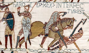 Tapiseria de la Bayeux, scena nr. 57. Moartea regelui Harold (© Myrabella / Wikimedia Commons)