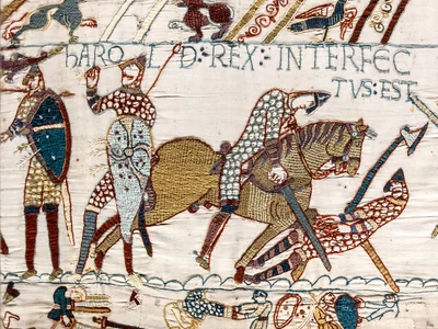 Tapiseria de la Bayeux, scena nr. 57. Moartea regelui Harold (© Myrabella / Wikimedia Commons)