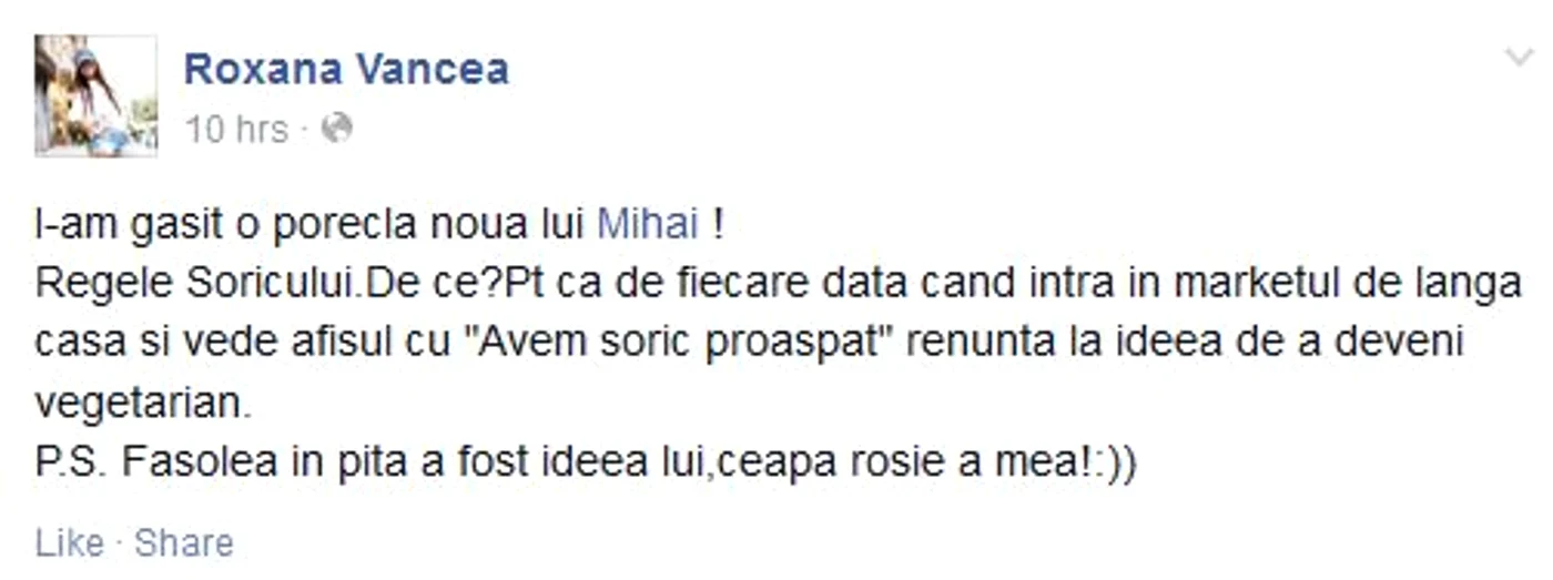 Şi Mihai Bendeac e gurmand, chiar dacă nu o recunoaşte. Cel puţin asta spune Roxana Vancea