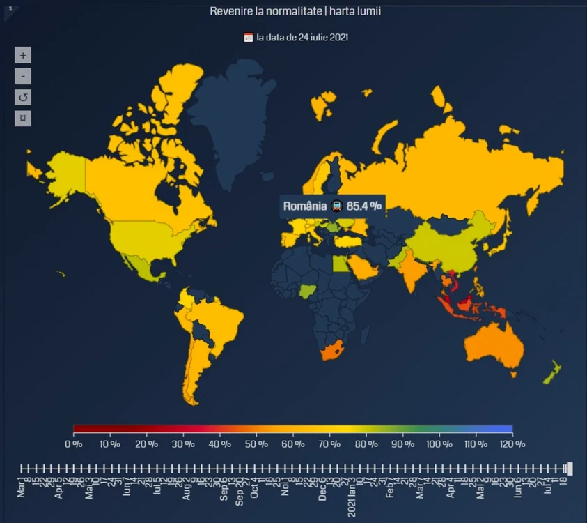 Harta normalităţii după valul al 3-lea, potrivit căreia românii şi-au reluat în proporţie de 85,4% viaţa pe care o aveau înainte de pandemiei. Imagine: UBBCluj.ro