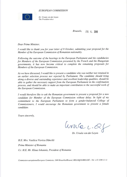 scrisoare ursulei von der leyen catre viorica dancila pe tema propunerii de comisar european foto facebook