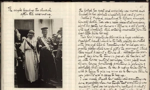Pagini din jurnalul reginei Maria referitoare la ziua nunții fiicei sale, Maria cu Alexandru I al Regatului Sârbilor, Croaților și Slovenilor (© Arhivele Naționale ale României, fond Casa Regală. Personale. Maria. Memorii, III 133, f. 64 v și 65)