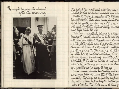 Pagini din jurnalul reginei Maria referitoare la ziua nunții fiicei sale, Maria cu Alexandru I al Regatului Sârbilor, Croaților și Slovenilor (© Arhivele Naționale ale României, fond Casa Regală. Personale. Maria. Memorii, III 133, f. 64 v și 65)