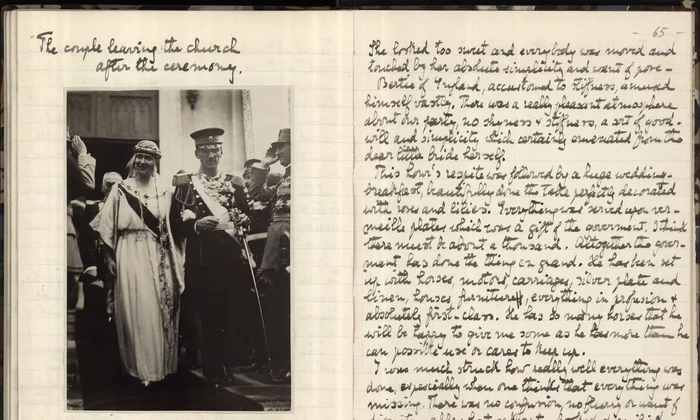 Pagini din jurnalul reginei Maria referitoare la ziua nunții fiicei sale, Maria cu Alexandru I al Regatului Sârbilor, Croaților și Slovenilor (© Arhivele Naționale ale României, fond Casa Regală. Personale. Maria. Memorii, III 133, f. 64 v și 65)