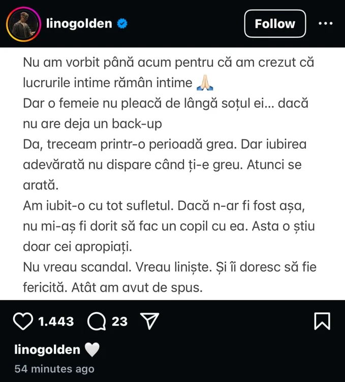 Mesajul din online transmis de Lino Golden / foto: Instagram