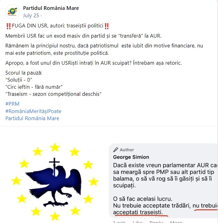 Părerea PRM despre AUR și trasesti FOTO Captură Facebook