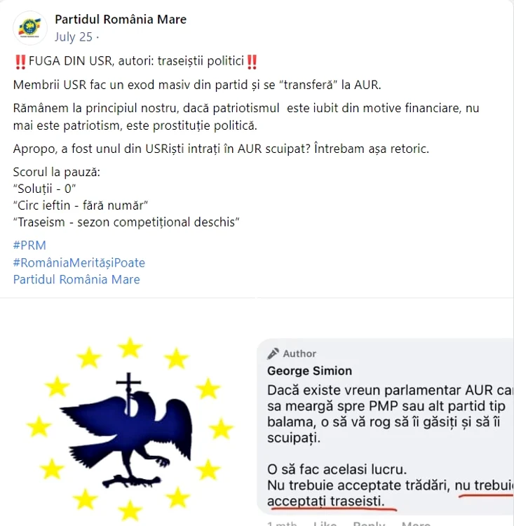 Părerea PRM despre AUR și trasesti FOTO Captură Facebook