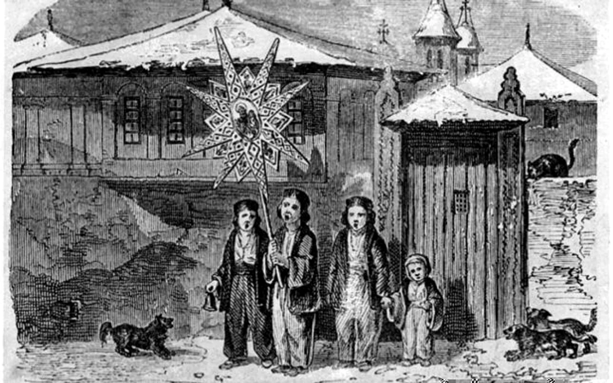 FOTO: Copii cu umblând cu Steaua în anul 1842 - Desen de pictorul francez Charles Doussault (1814-1880), care a vizitat Ţările Române în anii 1843-1844, după un voiaj de trei ani în Imperiul Otoman.