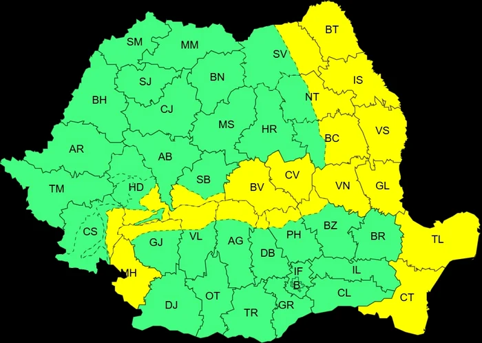 Hartă Cod galben de vânt