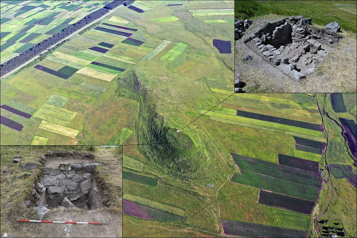 Vedere aeriană a sitului arheologic Baraleti, cu zone în care au fost efectuate săpături arheologice (Samtskhe-Javakheti Project. © Antiquity (2026). DOI: 10.15184/aqy.2026.10331)
