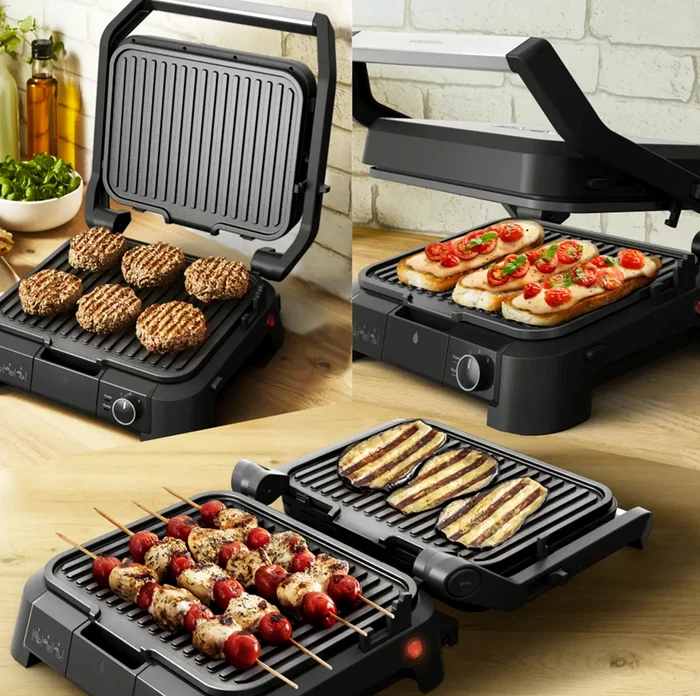 Mai multe tipuri de preparate gătite pe mai multe grătare electrice Foto Carrefour