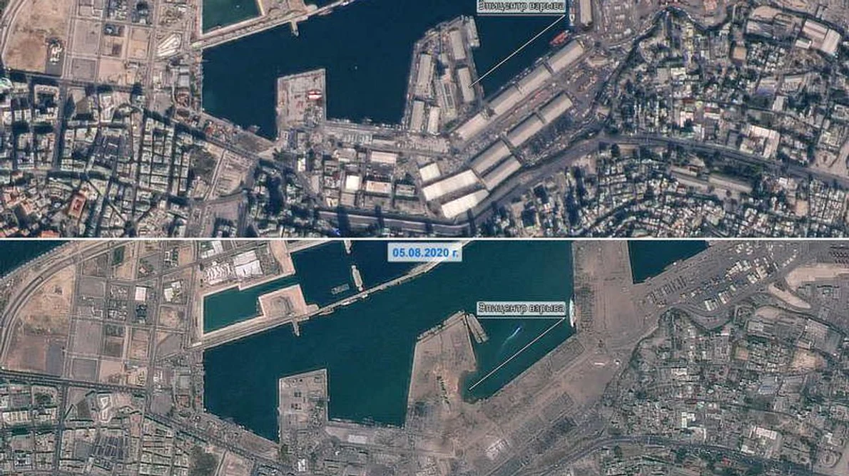 Rusia transmite Libanului imagini din satelit ale portului Beirut dinainte şi după explozie jpeg