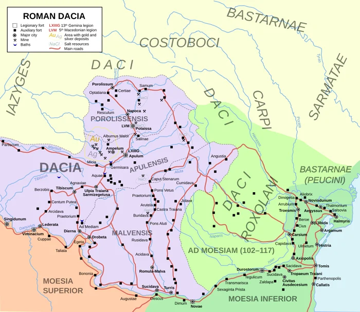 Harta provinciei romane Dacia între anii 106 și 271. FOTO ArdadN / Commons by El_Bes