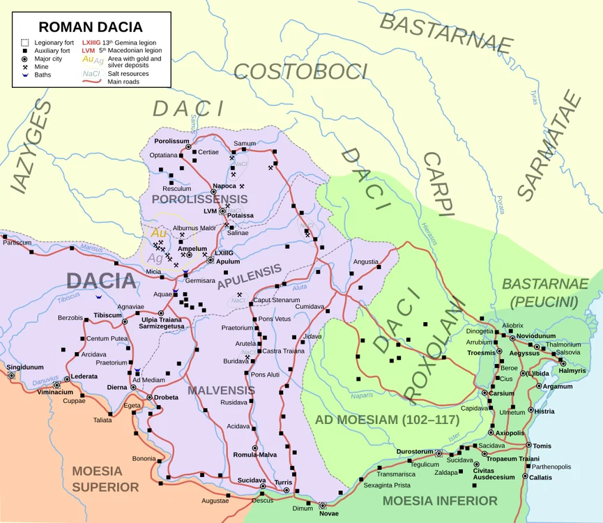 Harta provinciei romane Dacia între anii 106 și 271. FOTO ArdadN / Commons by El_Bes 