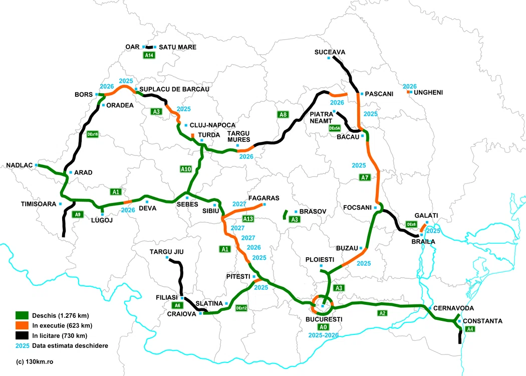 Harta autostrăzilor din România. Sursa: 130km.ro