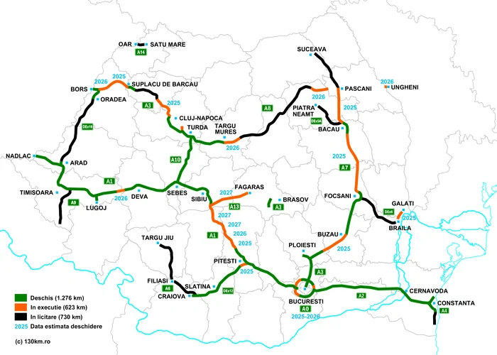 Harta autostrăzilor și drumurilor expres în 2025. Sursa: 130km.ro