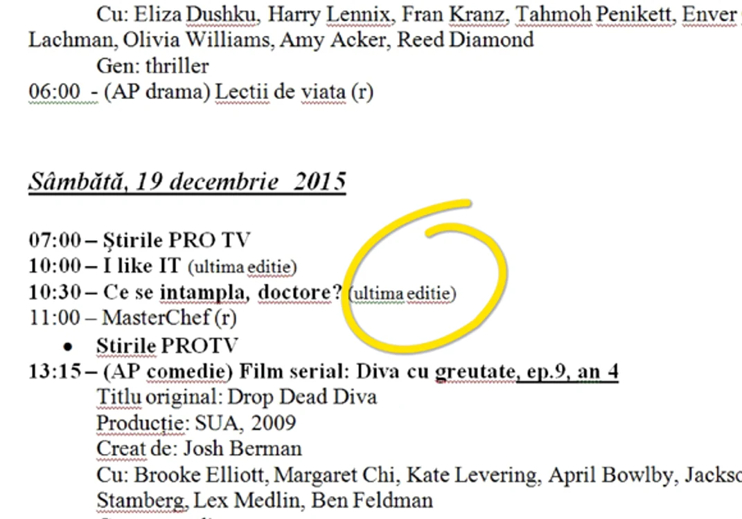 Se pare că cei din PRO TV au uitat că au transmis chiar ei programul tv care anunța că ediția din 19 decembrie a emisiunii „Ce se întâmplă, doctore?” este ultima