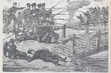 Grafică cu scenă de luptă de la apărarea podului din partea de vest a cetății Rahova (© ANR, Bibliotecă, Resboiul, nr. 132, 1 decembrie 1877)